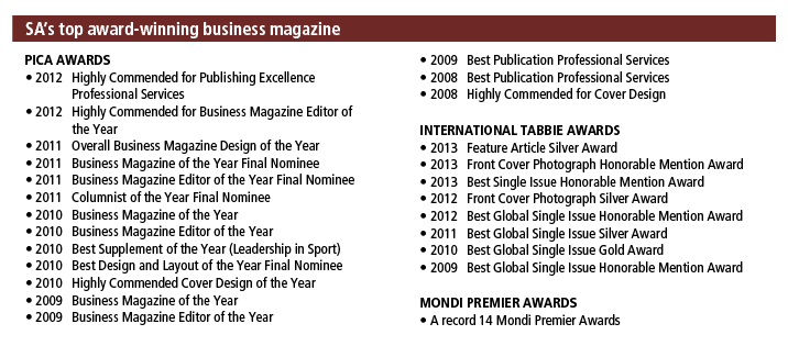 SA s top award-winning business magazine PICA AWARDS   2012  Highly Commended for Publishing Excellence Professional    