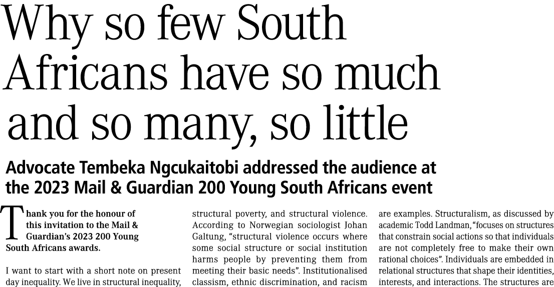 Why so few South Africans have so much and so many, so little Advocate Tembeka Ngcukaitobi addressed the audience at    