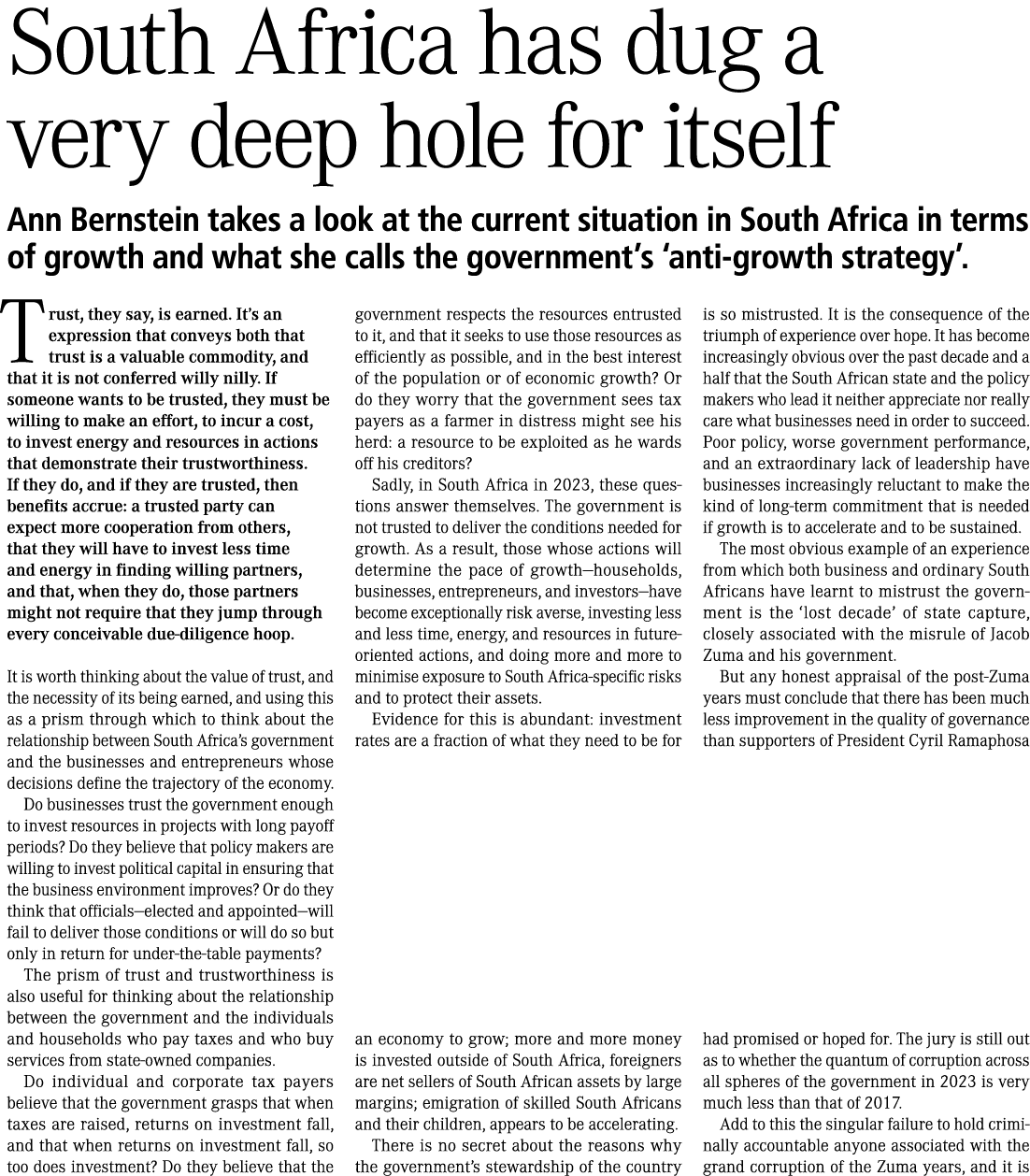 South Africa has dug a very deep hole for itself Ann Bernstein takes a look at the current situation in South Africa    