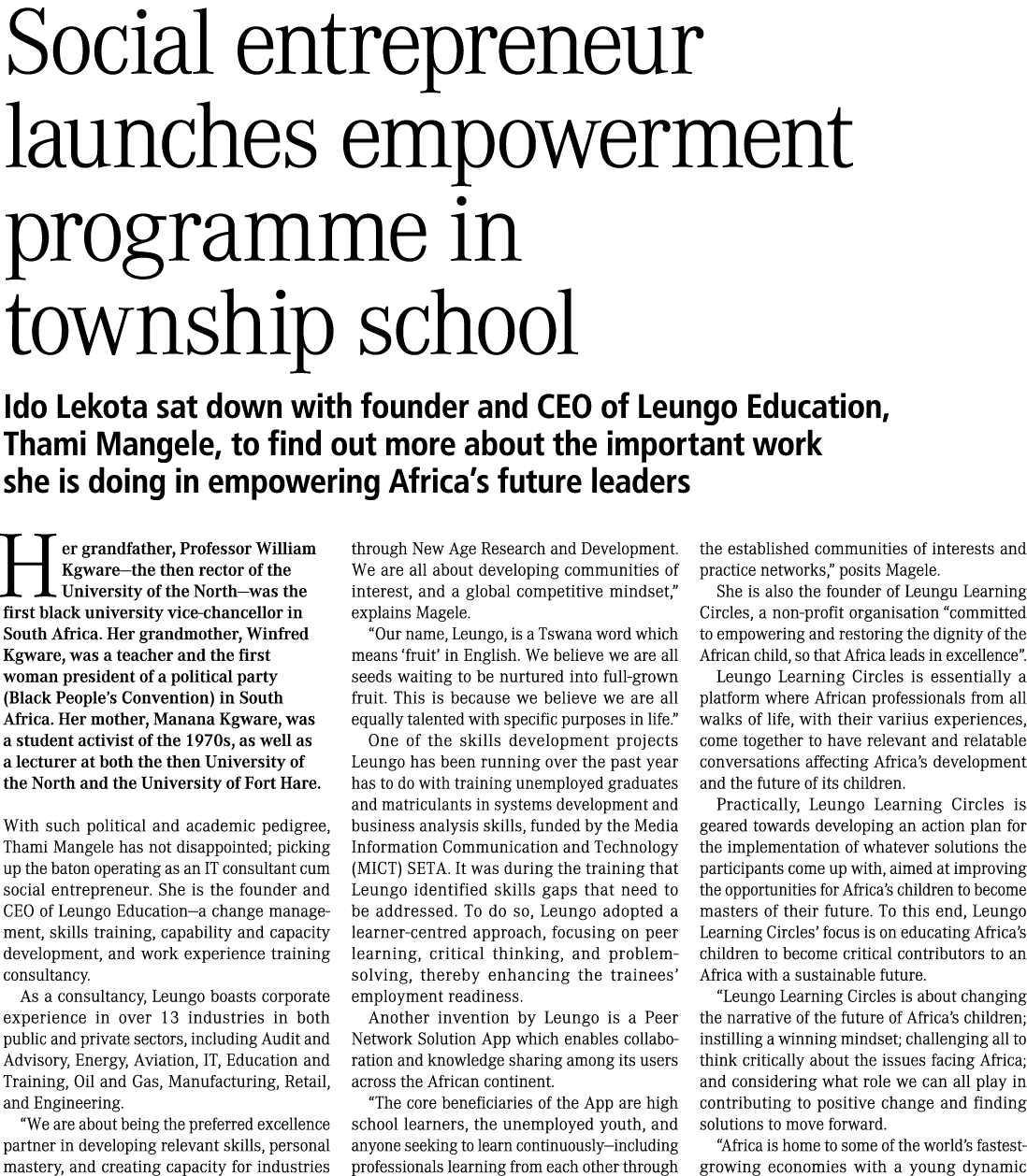 Social entrepreneur launches empowerment programme in township school Ido Lekota sat down with founder and CEO of Leu   