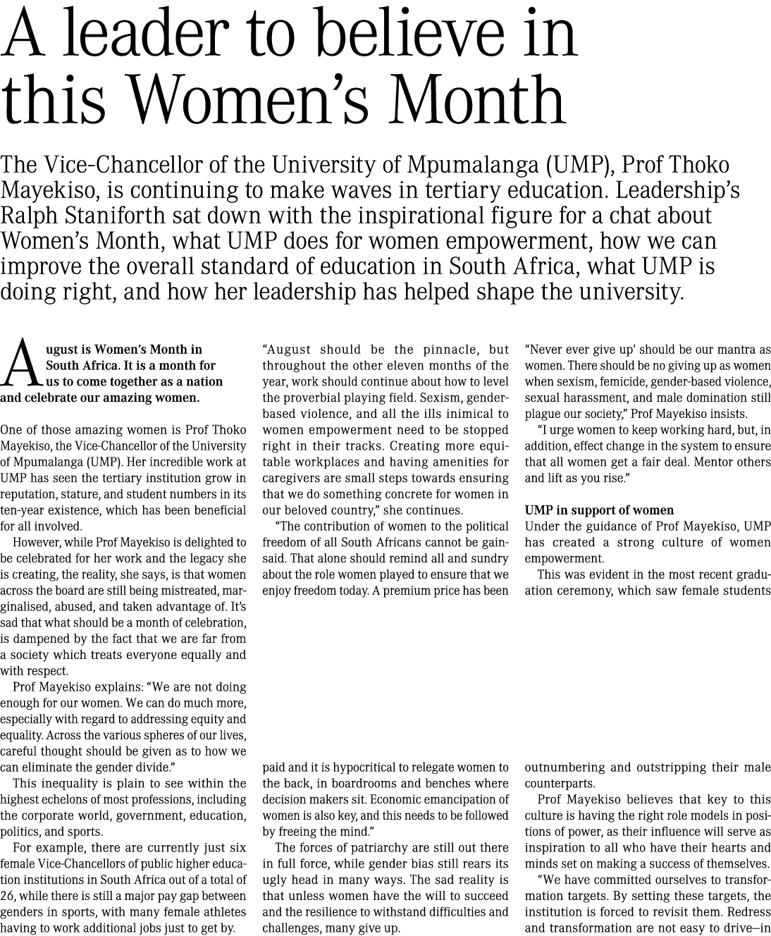 A leader to believe in this Women s Month The Vice-Chancellor of the University of Mpumalanga (UMP), Prof Thoko Mayek   