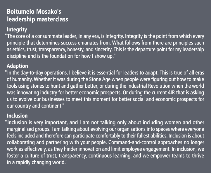 Boitumelo Mosako's leadership masterclass Integrity   The core of a consummate leader, in any era, is integrity  Inte   