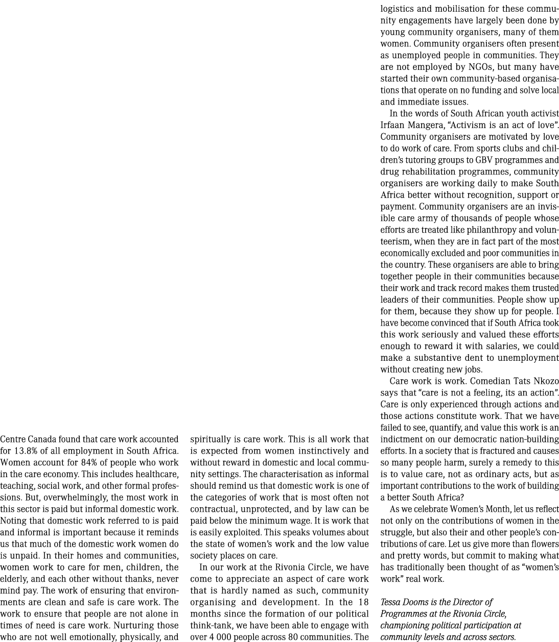 Centre Canada found that care work accounted for 13 8% of all employment in South Africa  Women account for 84% of pe   