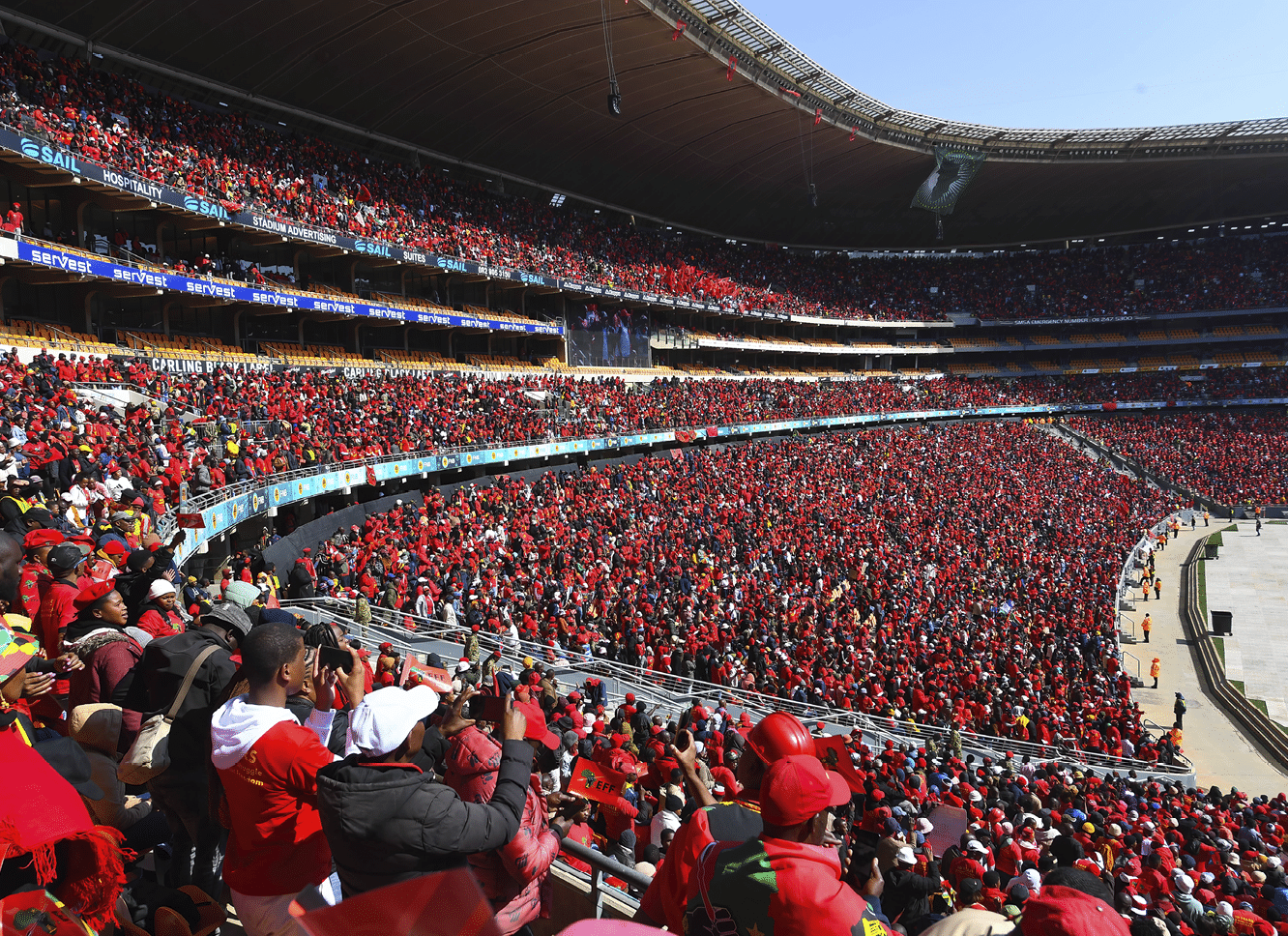 JOHANNESBURG, SOUTH AFRICA - JULY 29: EFF Supporters during the Economic Freedom Fighters (EFF) 10th Anniversary at FNB Stadium on July 29, 2023 in Johannesburg, South Africa   The EFF celebrated their 10-year milestone, also effectively kicking off the party s campaign ahead of the 2024  general elections  (Photo by Lefty Shivambu Gallo Images via Getty Images)