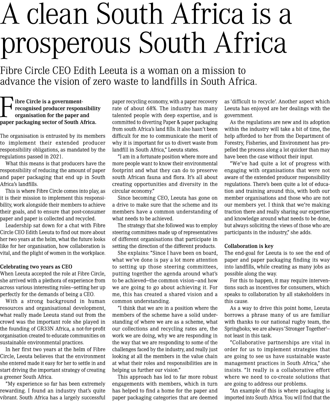 A clean South Africa is a prosperous South Africa Fibre Circle CEO Edith Leeuta is a woman on a mission to advance th   