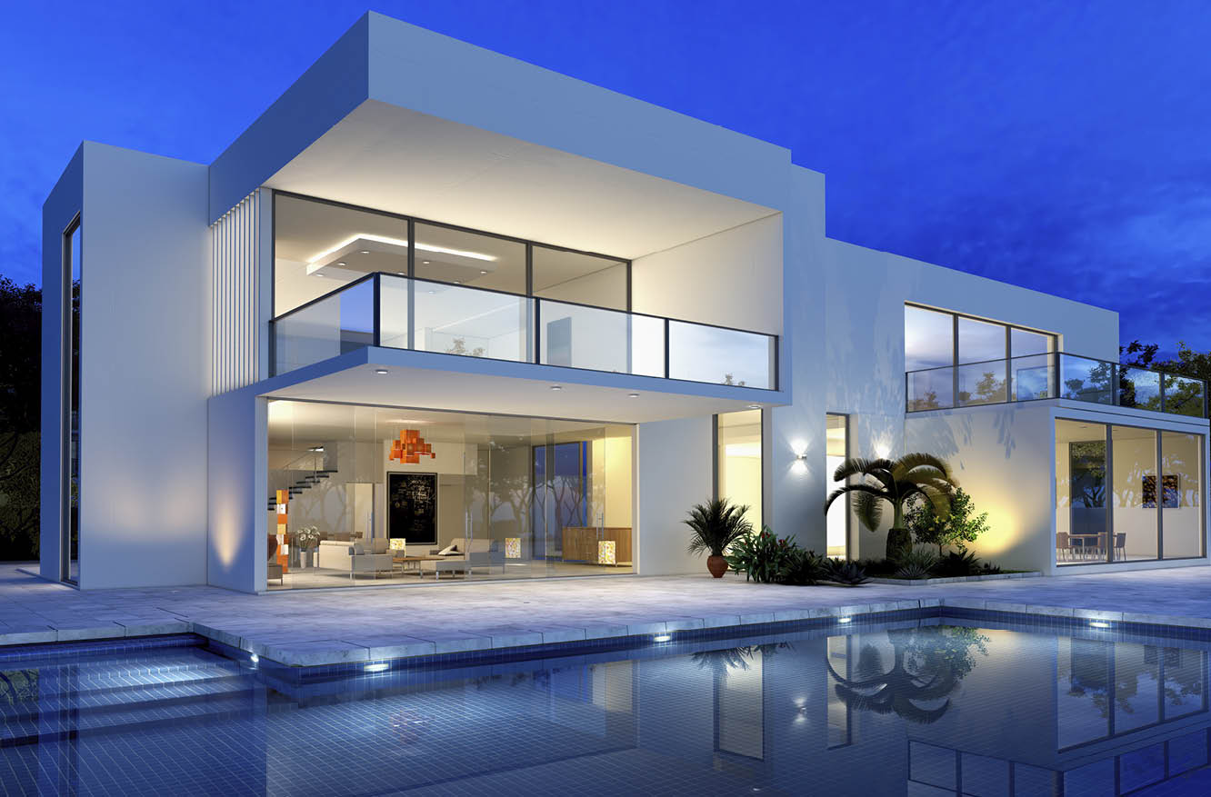 luxurious villa with swimming pool at dusk