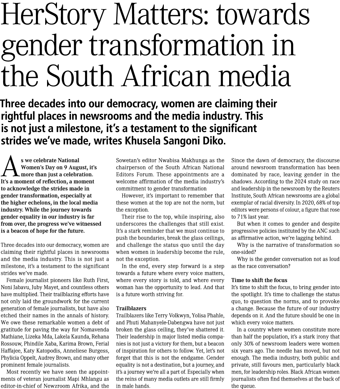 HerStory Matters: towards gender transformation in the South African media Three decades into our democracy, women ar...