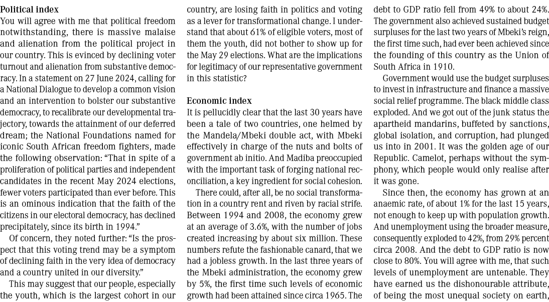 Political index You will agree with me that political freedom notwithstanding, there is massive malaise and alienatio...