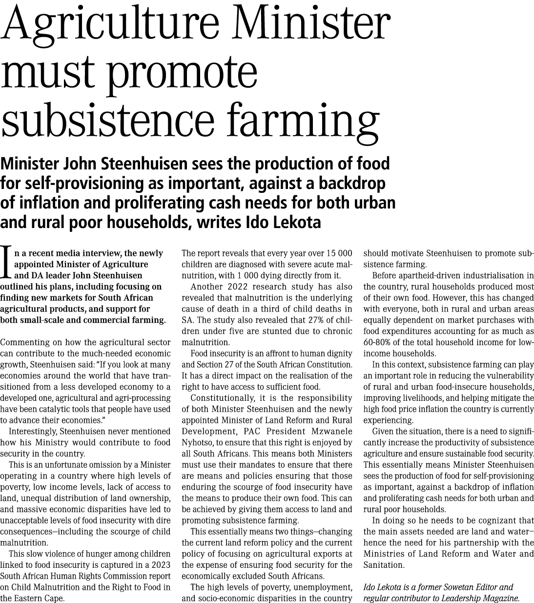 Agriculture Minister must promote subsistence farming Minister John Steenhuisen sees the production of food for self-...