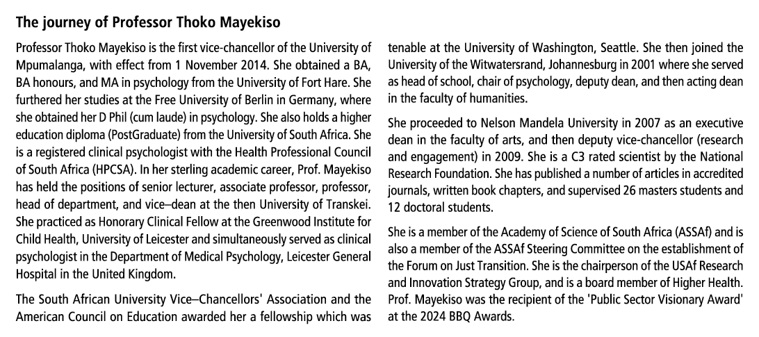 The journey of Professor Thoko Mayekiso Professor Thoko Mayekiso is the first vice-chancellor of the University of Mp...