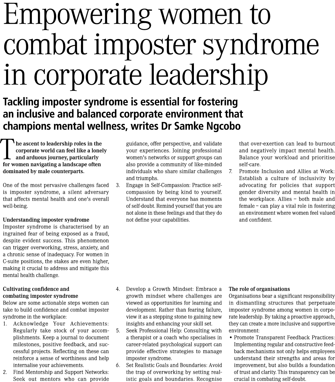 Empowering women to combat imposter syndrome in corporate leadership Tackling imposter syndrome is essential for fost...