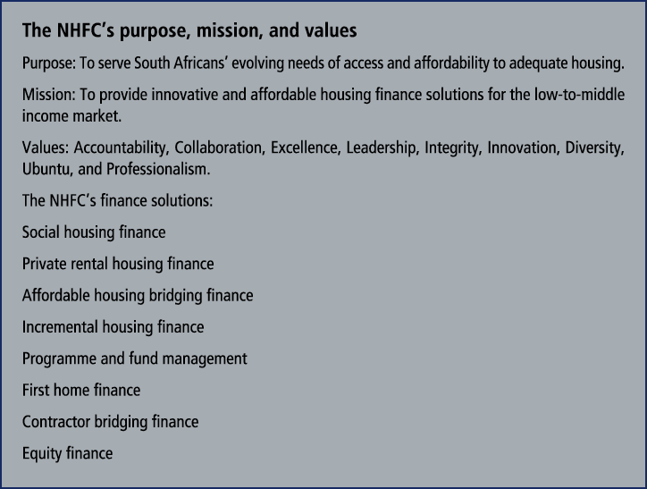 The NHFC’s purpose, mission, and values Purpose: To serve South Africans’ evolving needs of access and affordability ...