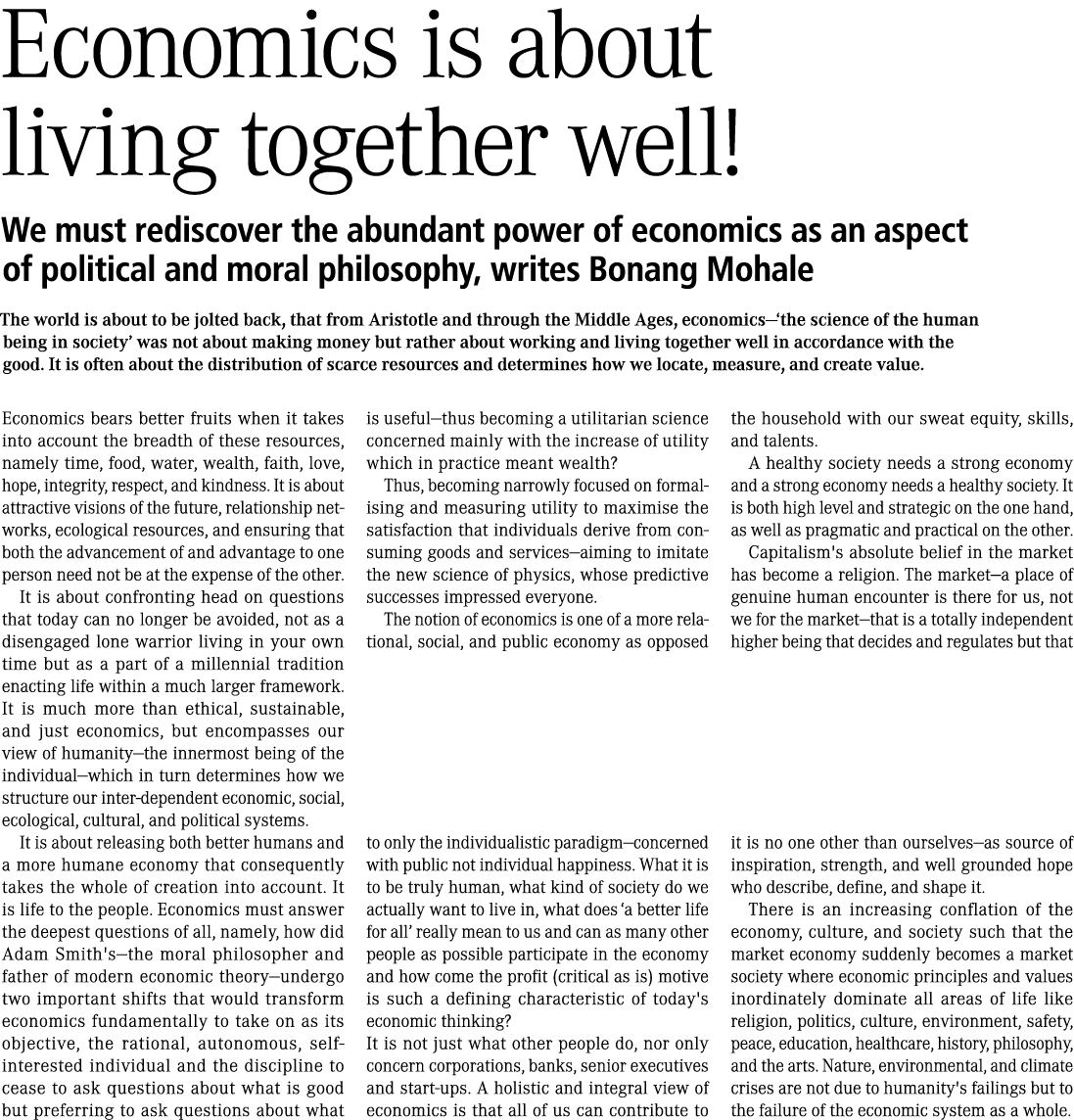 Economics is about living together well! We must rediscover the abundant power of economics as an aspect of political...