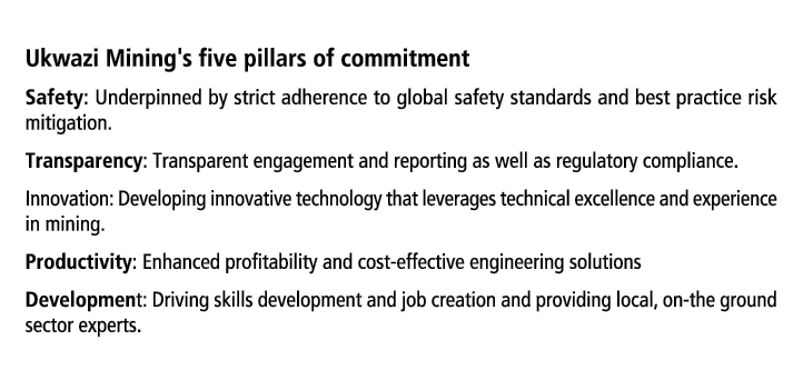 Ukwazi Mining's five pillars of commitment Safety: Underpinned by strict adherence to global safety standards and bes...