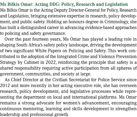 Ms Bilkis Omar: Acting DDG: Policy, Research and Legislation Ms Bilkis Omar is the Acting Deputy Director General for...