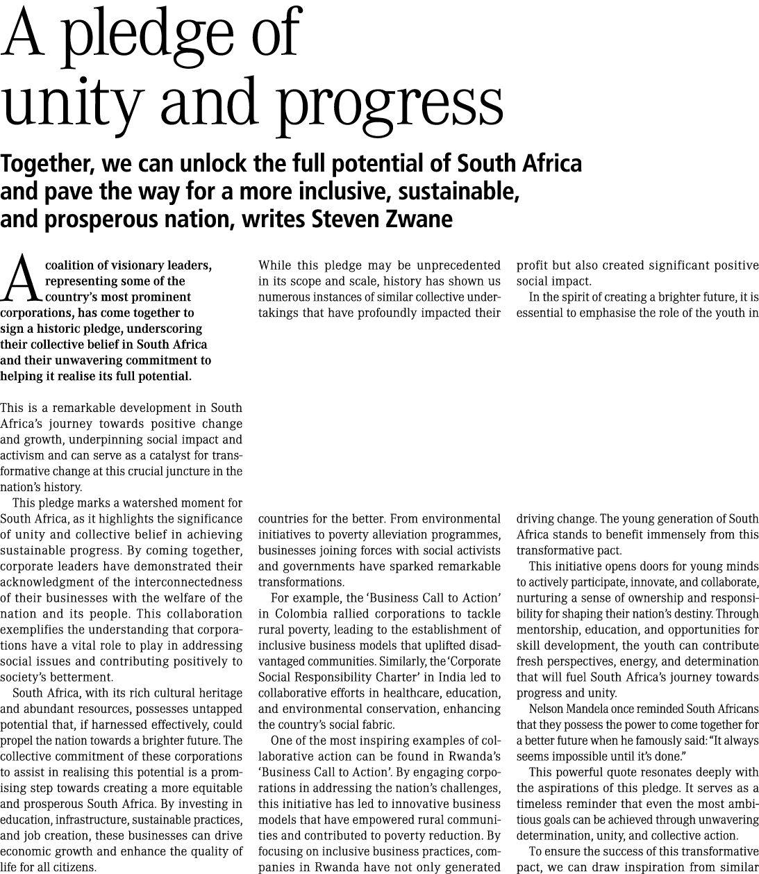 A pledge of unity and progress Together, we can unlock the full potential of South Africa and pave the way for a more...