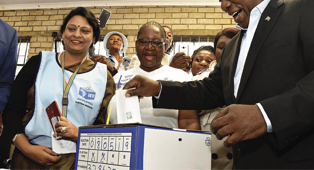 President Cyril Ramaphosa and his spouse, Dr Tshepo Motsepe casting their votes at Hitekani Primary School, Chiawelo, Soweto. President Ramaphosa spent his early life in Soweto and is registered to vote in Chiawelo. 08/05/2019, Elmond Jiyane, GCIS 