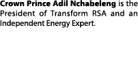 Crown Prince Adil Nchabeleng is the President of Transform RSA and an Independent Energy Expert.