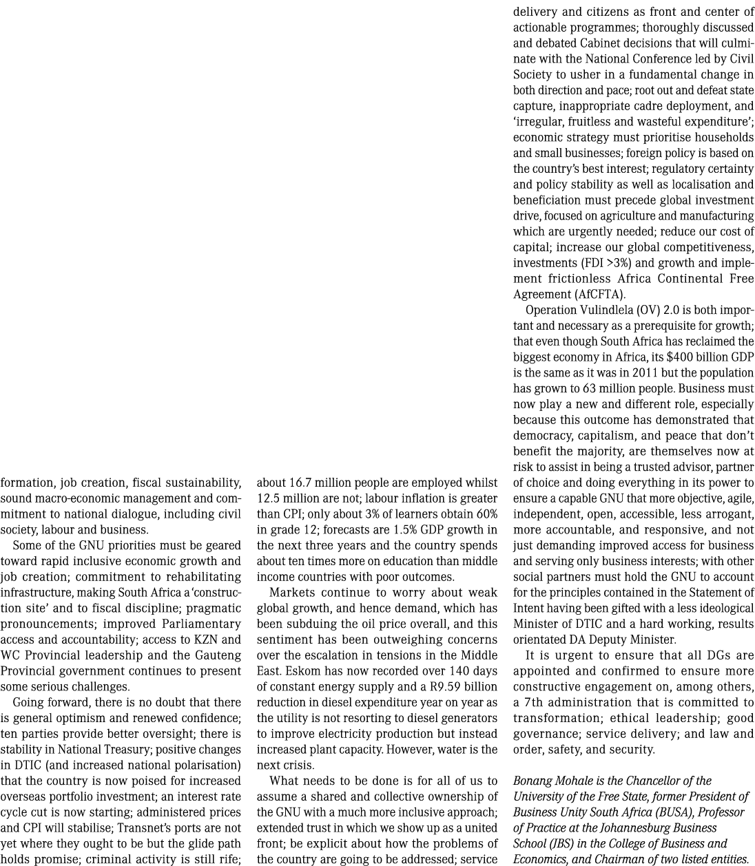 formation, job creation, fiscal sustainability, sound macro economic management and commitment to national dialogue, ...