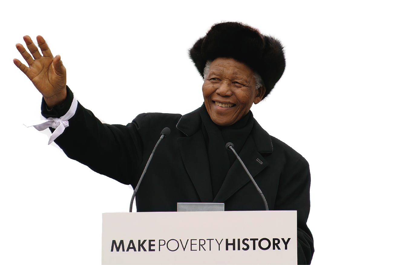 Nelson Mandela addresses over 22,000 people in Trafalgar Square on behalf of the MAKEPOVERTYHISTORY coalition. He hands a group of school children his white band to be delivered with thousands of others to the leaders of the G8. 
