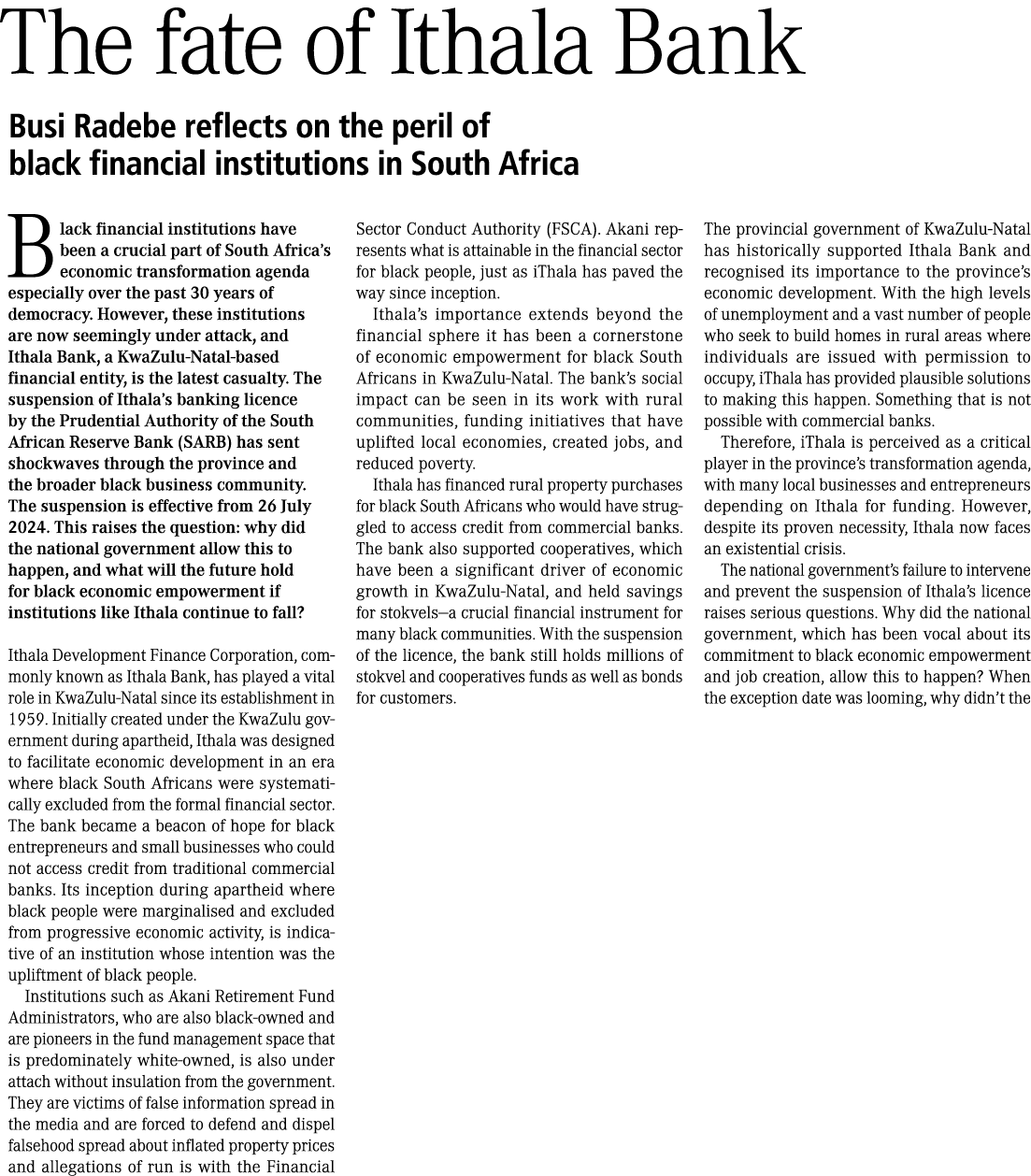 The fate of Ithala Bank Busi Radebe reflects on the peril of black financial institutions in South Africa Black finan...