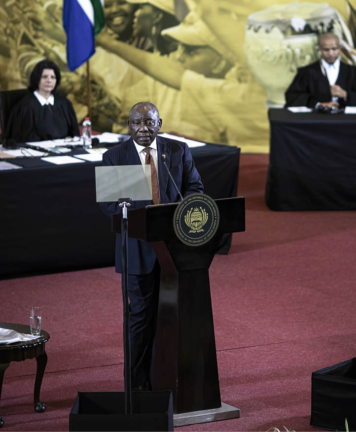 CAPE TOWN, SOUTH AFRICA - JULY 18: South African President Cyril Ramaphosa speaks at the temporary Parliament in City Hall on July 18, 2024, in Cape Town, South Africa. President Cyril Ramaphosa called the joint sitting of the National Assembly (NA) and the National Council of Provinces (NCOP), marking the official opening of South Africa's Parliament's seventh term, to coincide with Nelson Mandela International Day. In the May 29 vote, the ANC lost its parliamentary majority for the first time since 1994, leading to a coalition government. (Photo by Per-Anders Pettersson/Getty Images)