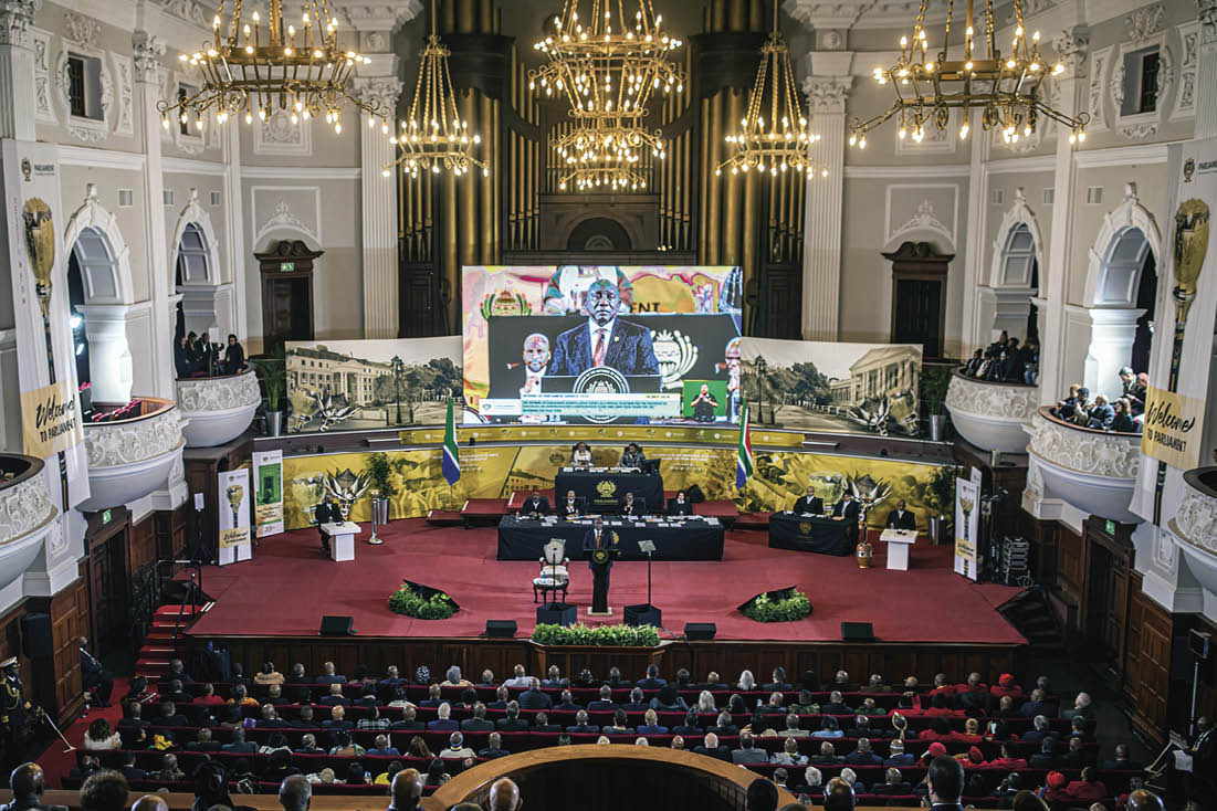 CAPE TOWN, SOUTH AFRICA - JULY 18: South African President Cyril Ramaphosa speaks at the temporary Parliament in City Hall on July 18, 2024, in Cape Town, South Africa. President Cyril Ramaphosa called the joint sitting of the National Assembly (NA) and the National Council of Provinces (NCOP), marking the official opening of South Africa's Parliament's seventh term, to coincide with Nelson Mandela International Day. In the May 29 vote, the ANC lost its parliamentary majority for the first time since 1994, leading to a coalition government. (Photo by Per-Anders Pettersson/Getty Images)