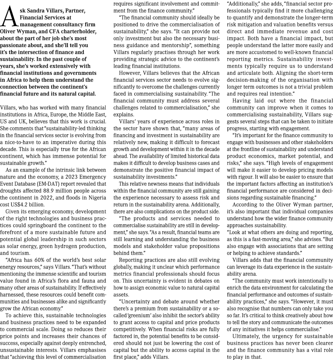 Ask Sandra Villars, Partner, Financial Services at management consultancy firm Oliver Wyman, and CFA charterholder, a...