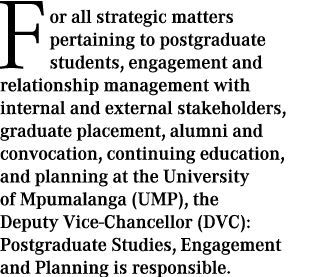 For all strategic matters pertaining to postgraduate students, engagement and relationship management with internal a...