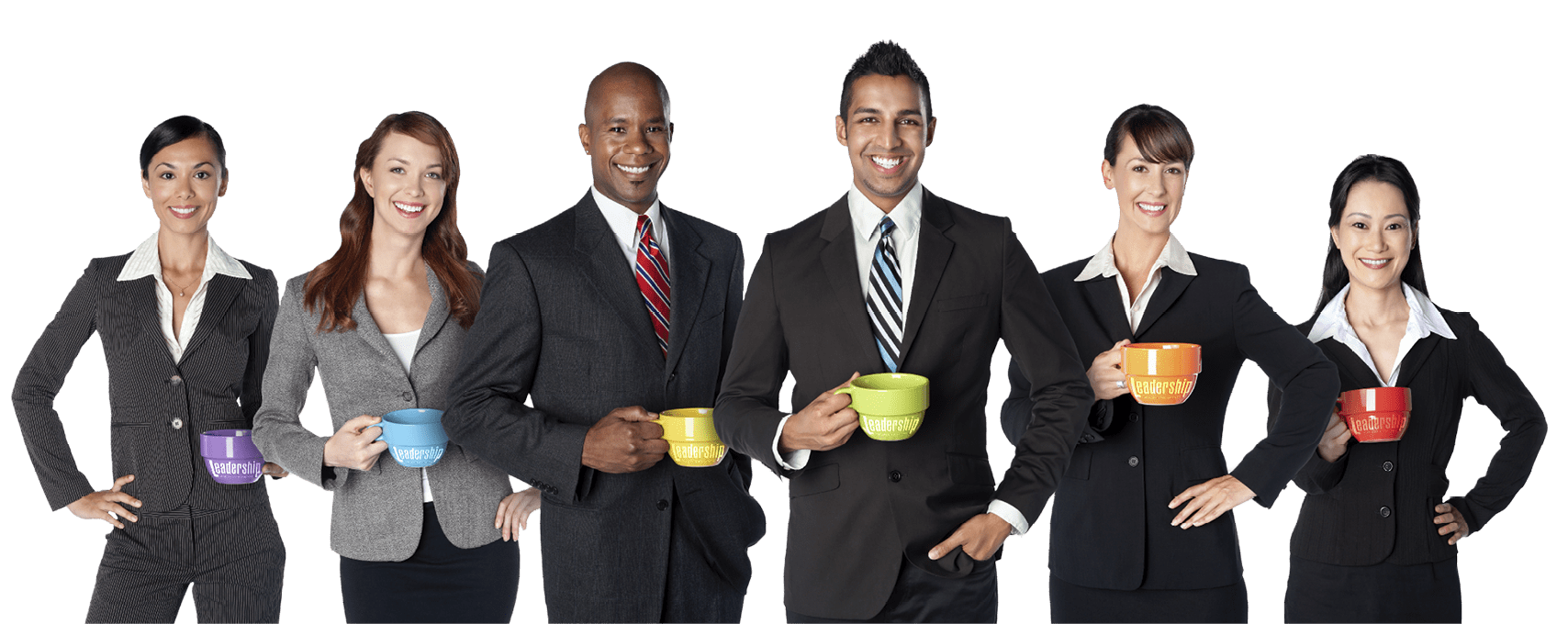 “Multi-ethnic group of business professionals holding colorful coffee mugs. The group includes, caucasian, Hispanic, Indian, African American and Japanese ethnicities."
