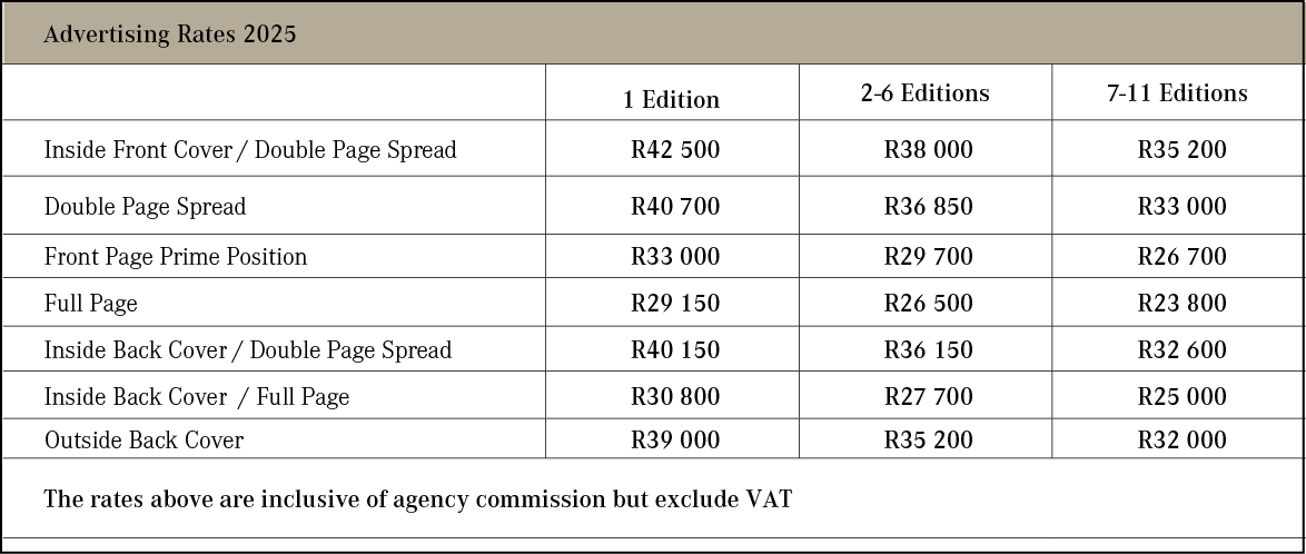 Advertising Rates 2025,,1 Edition ,2 6 Editions,7 11 Editions,Inside Front Cover / Double Page Spread,R42 500,R38 000...